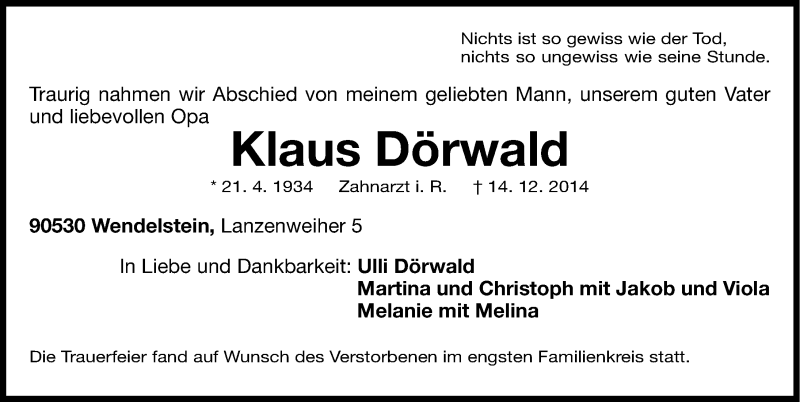  Traueranzeige für Klaus Dörwald vom 20.12.2014 aus Gesamtausgabe Nürnberger Nachrichten/ Nürnberger Ztg.