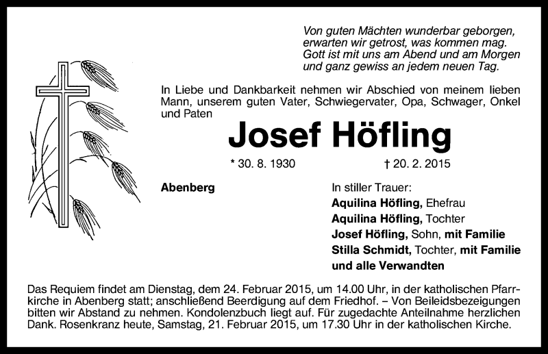  Traueranzeige für Josef Höfling vom 21.02.2015 aus Schwabach