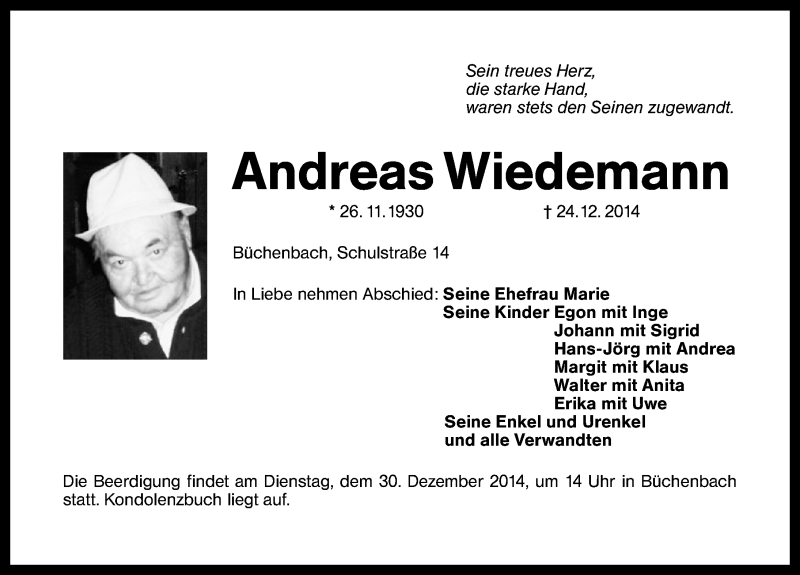  Traueranzeige für Andreas Wiedemann vom 27.12.2014 aus Schwabach