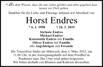 Traueranzeige von Horst Endres von Gesamtausgabe Nürnberger Nachrichten/ Nürnberger Ztg.