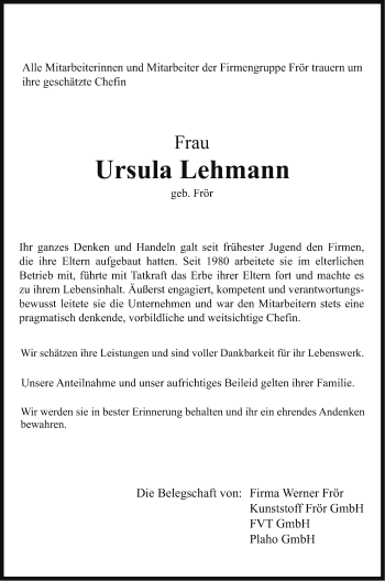 Traueranzeige von Ursula Lehmann von Erlanger Nachrichten Lokal