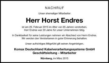 Traueranzeige von Horst Endres von Gesamtausgabe Nürnberger Nachrichten/ Nürnberger Ztg.