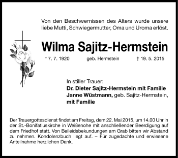 Traueranzeige von Wilma Sajitz-Hermstein von Gesamtausgabe Nürnberger Nachrichten/ Nürnberger Ztg.