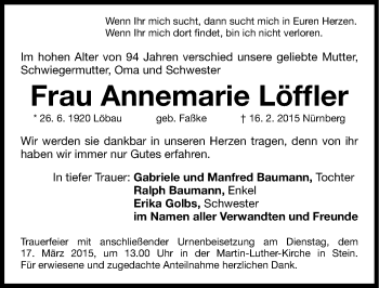 Traueranzeige von Annemarie Löffler von Gesamtausgabe Nürnberger Nachrichten/ Nürnberger Ztg.