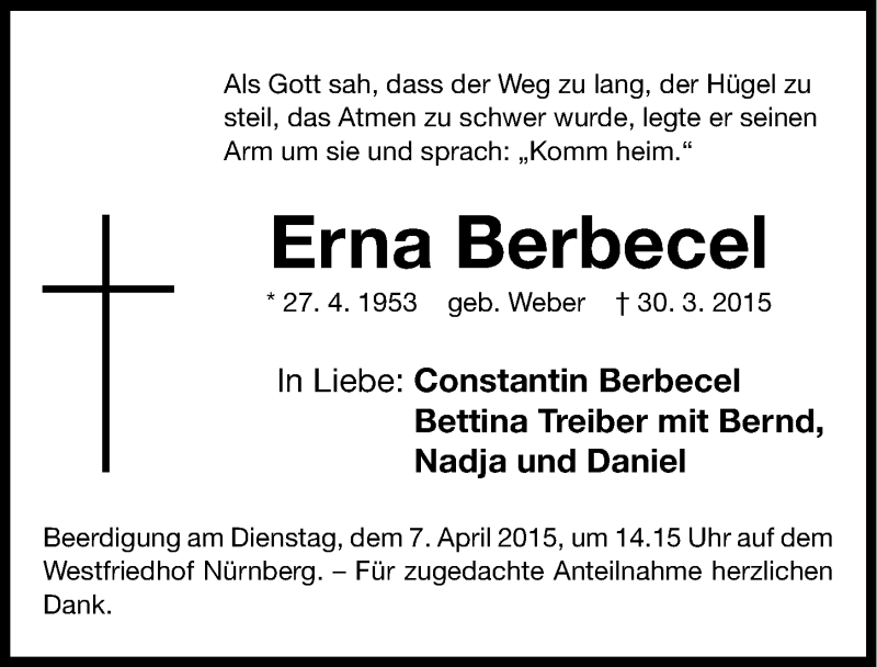  Traueranzeige für Erna Berbecel vom 04.04.2015 aus Gesamtausgabe Nürnberger Nachrichten/ Nürnberger Ztg.
