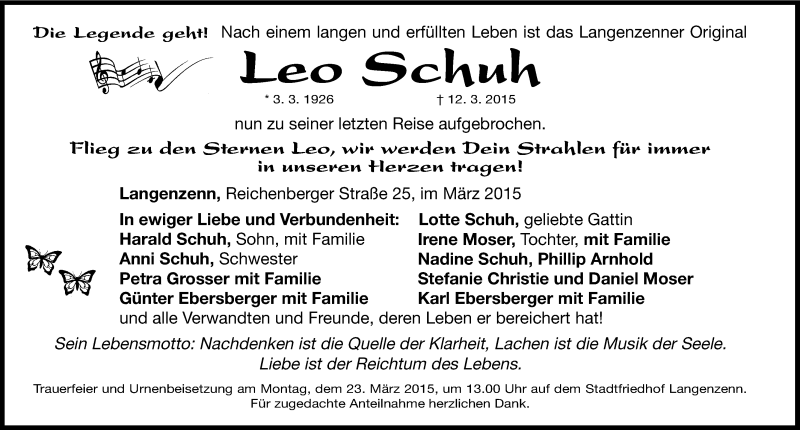  Traueranzeige für Leo Schuh vom 19.03.2015 aus Fürther Nachrichten Lokal