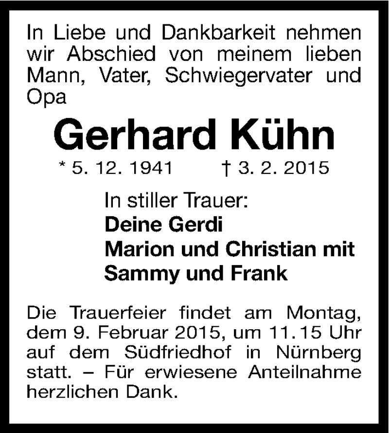  Traueranzeige für Gerhard Kühn vom 07.02.2015 aus Gesamtausgabe Nürnberger Nachrichten/ Nürnberger Ztg.