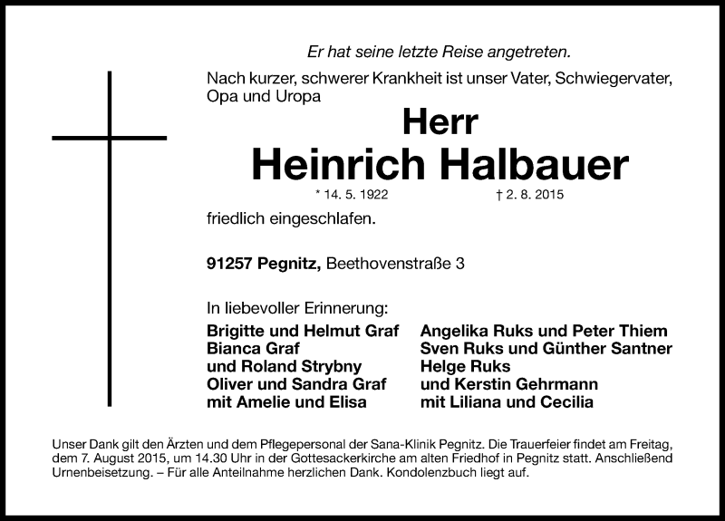  Traueranzeige für Heinrich Halbauer vom 04.08.2015 aus Nordbayerische Nachrichten Pegnitz Lokal