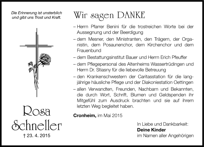  Traueranzeige für Rosa Schneller vom 08.05.2015 aus Altmühl-Bote Lokal