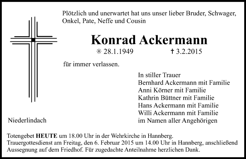  Traueranzeige für Konrad Ackermann vom 05.02.2015 aus Nordbayerische Nachrichten Herzogenaurach Lokal