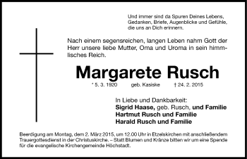 Traueranzeige von Margarete Rusch von Nordbayerische Nachrichten Herzogenaurach Lokal