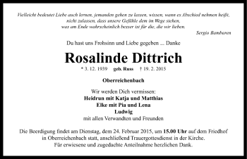 Traueranzeige von Rosalinde Dittrich von Nordbayerische Nachrichten Herzogenaurach Lokal