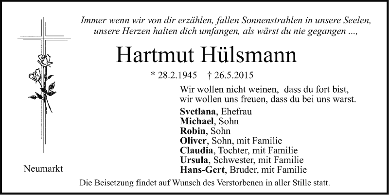  Traueranzeige für Hartmut Hülsmann vom 28.05.2015 aus Neumarkter Nachrichten Lokal