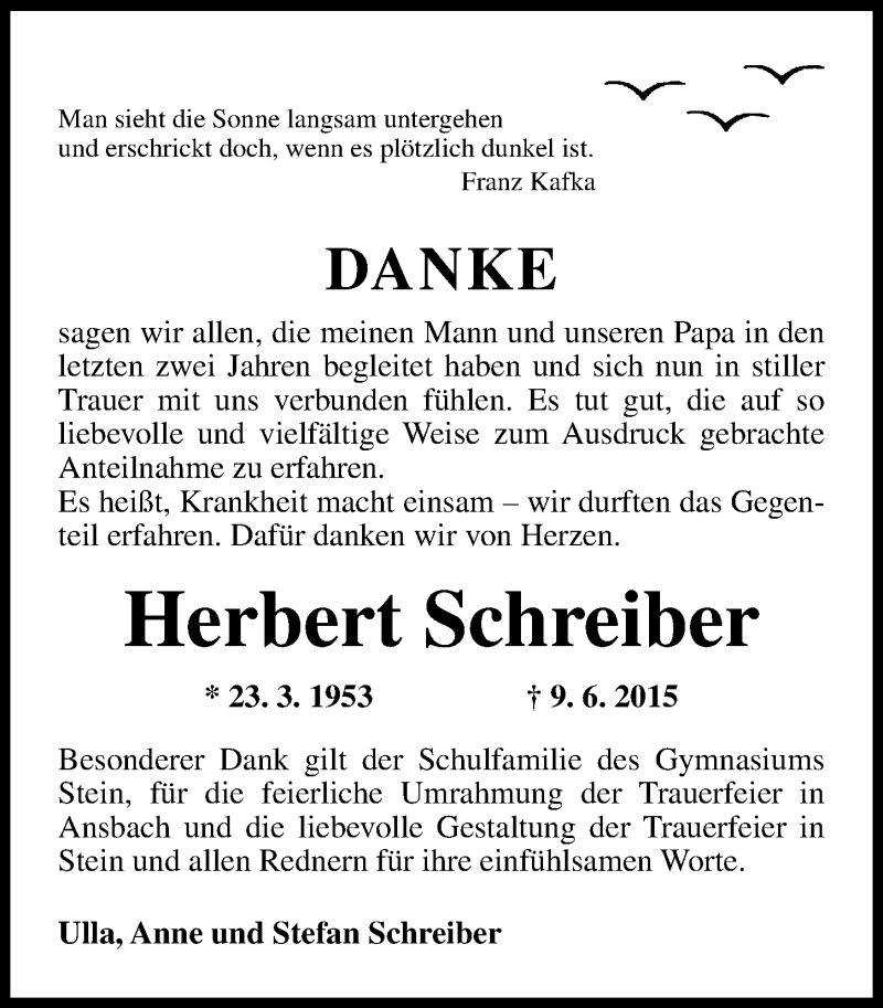  Traueranzeige für Herbert Schreiber vom 25.06.2015 aus Gesamtausgabe Nürnberger Nachrichten/ Nürnberger Ztg.