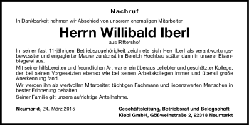 Traueranzeige von Willibald Iberl von Neumarkter Nachrichten Lokal