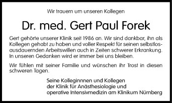 Traueranzeige von Gert Paul Forek von Gesamtausgabe Nürnberger Nachrichten/ Nürnberger Ztg.