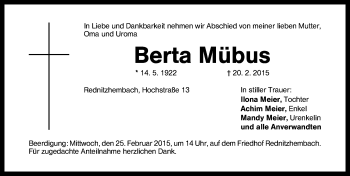 Traueranzeige von Berta Mübus von Schwabach