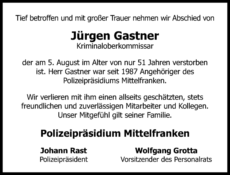  Traueranzeige für Jürgen Gastner vom 11.08.2015 aus Gesamtausgabe Nürnberger Nachrichten/ Nürnberger Ztg.