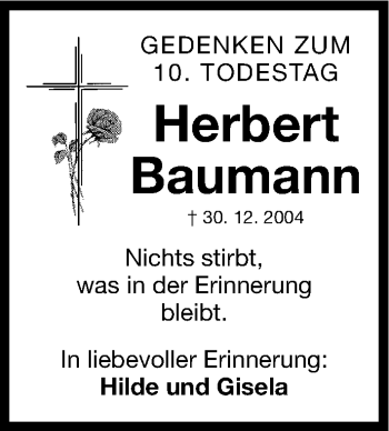 Traueranzeige von Herbert Baumann von Gesamtausgabe Nürnberger Nachrichten/ Nürnberger Ztg.