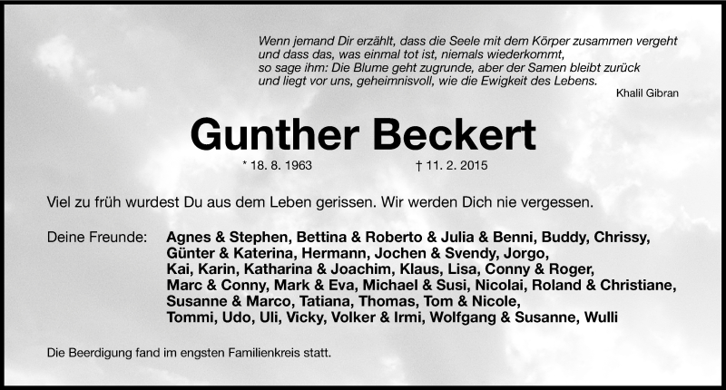  Traueranzeige für Guther Beckert vom 28.02.2015 aus Erlanger Nachrichten Lokal