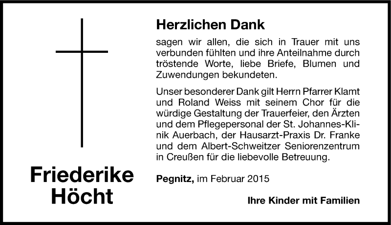  Traueranzeige für Friederike Höcht vom 21.02.2015 aus Nordbayerische Nachrichten Pegnitz Lokal