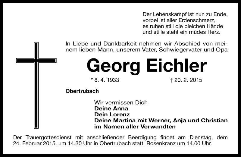  Traueranzeige für Georg Eichler vom 21.02.2015 aus Nordbayerische Nachrichten Forchheim Lokal