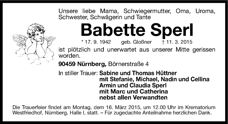  Traueranzeige für Babette Sperl vom 14.03.2015 aus Gesamtausgabe Nürnberger Nachrichten/ Nürnberger Ztg.