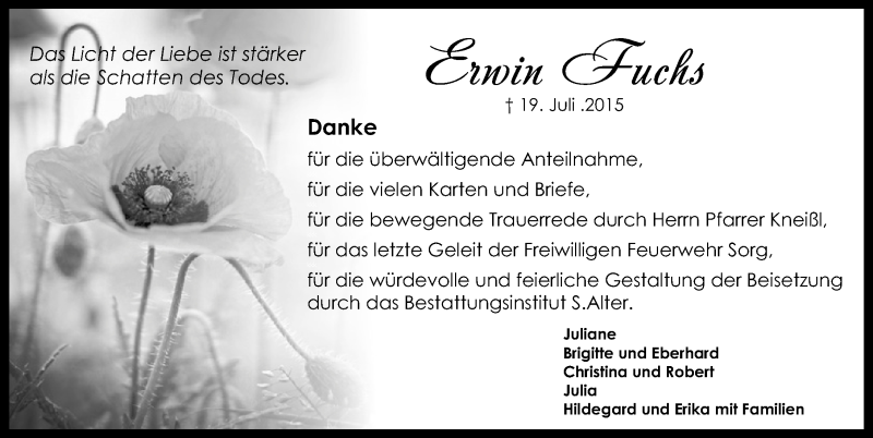  Traueranzeige für Erwin Fuchs vom 01.08.2015 aus Schwabach