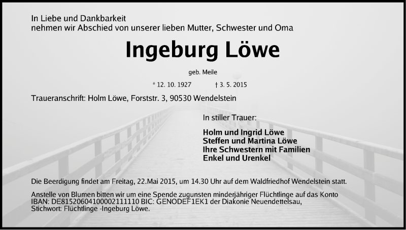 Traueranzeige für Ingeburg Löwe vom 11.05.2015 aus Gesamtausgabe Nürnberger Nachrichten/ Nürnberger Ztg.