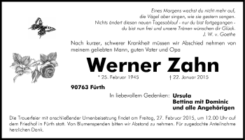 Traueranzeige von Werner Zahn von Gesamtausgabe Nürnberger Nachrichten/ Nürnberger Ztg.