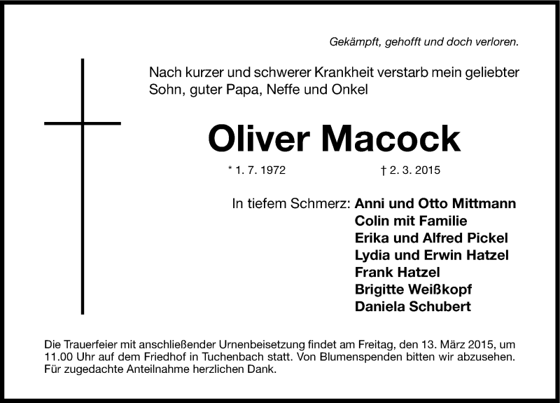  Traueranzeige für Oliver Macock vom 10.03.2015 aus Fürther Nachrichten Lokal