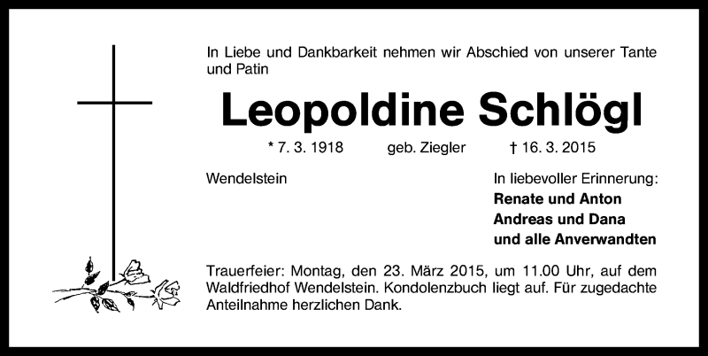  Traueranzeige für Leopoldine Schlögl vom 20.03.2015 aus Schwabach