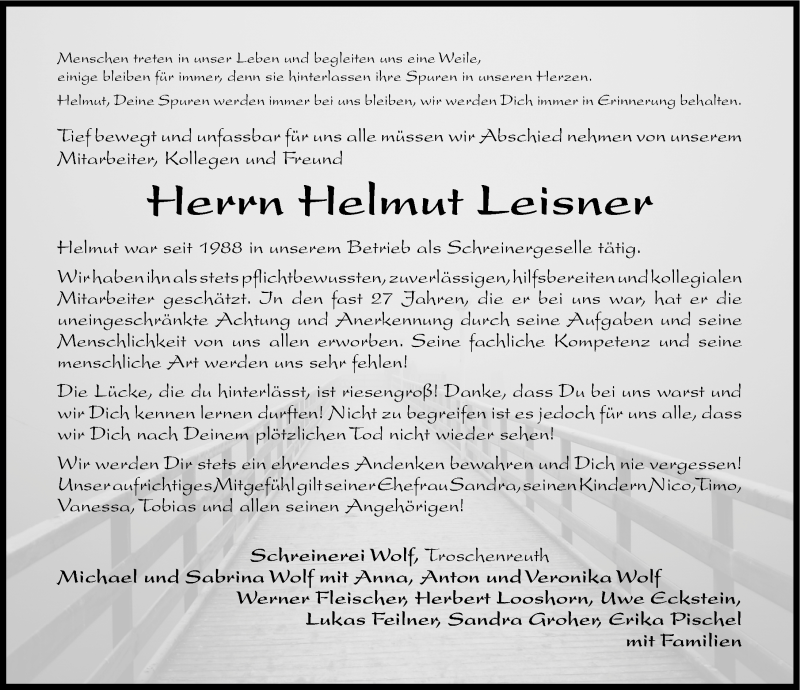  Traueranzeige für Helmut Leisner vom 11.04.2015 aus Nordbayerische Nachrichten Pegnitz Lokal