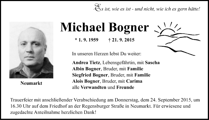  Traueranzeige für Michael Bogner vom 23.09.2015 aus Neumarkter Nachrichten Lokal