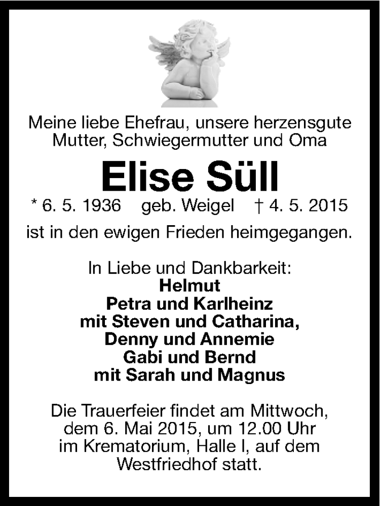  Traueranzeige für Elise Süll vom 05.05.2015 aus Gesamtausgabe Nürnberger Nachrichten/ Nürnberger Ztg.