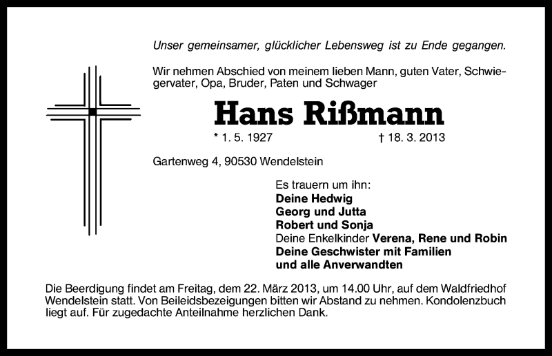  Traueranzeige für Hans Rißmann vom 20.03.2013 aus Schwabach