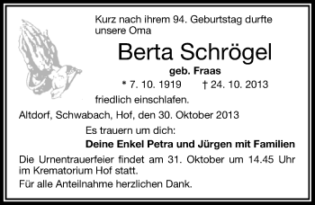 Traueranzeige von Berta Schrögel von Schwabach