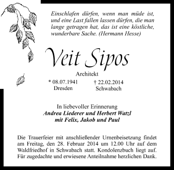 Traueranzeige von Veith Sipos von Schwabach