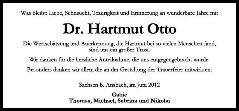  Traueranzeige für Hartmut Otto vom 30.06.2012 aus Schwabach