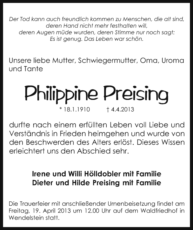  Traueranzeige für Philippine Preising vom 17.04.2013 aus Schwabach