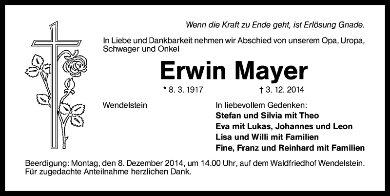  Traueranzeige für Erwin Mayer vom 06.12.2014 aus Schwabach