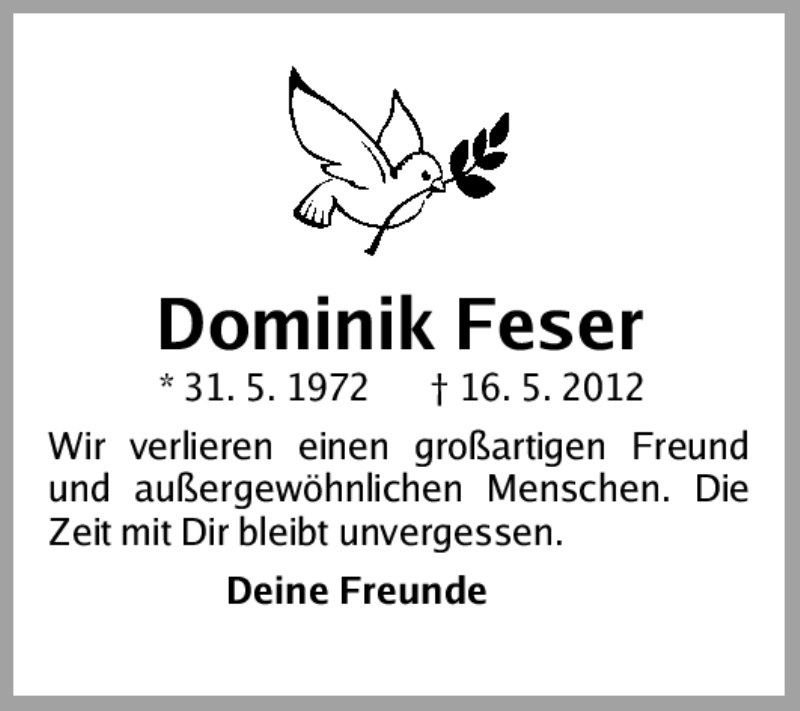  Traueranzeige für Dominik Feser vom 25.05.2012 aus Schwabach