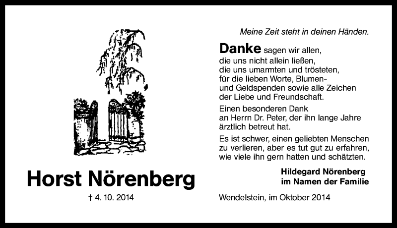  Traueranzeige für Horst Nörenberg vom 25.10.2014 aus Schwabach