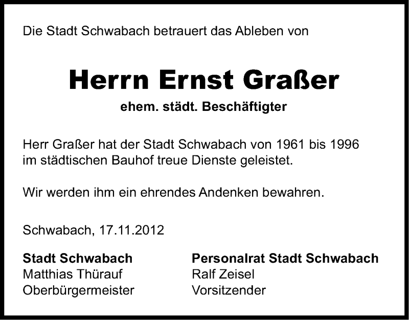  Traueranzeige für Ernst Graßer vom 17.11.2012 aus Schwabach
