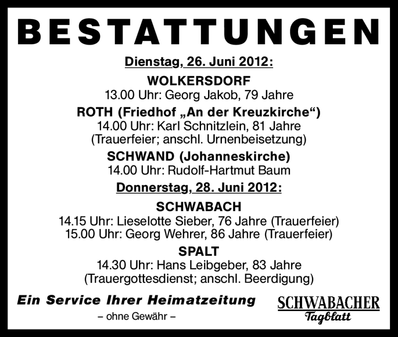  Traueranzeige für Bestattungen 26.06.-28.06.12  vom 26.06.2012 aus Schwabach
