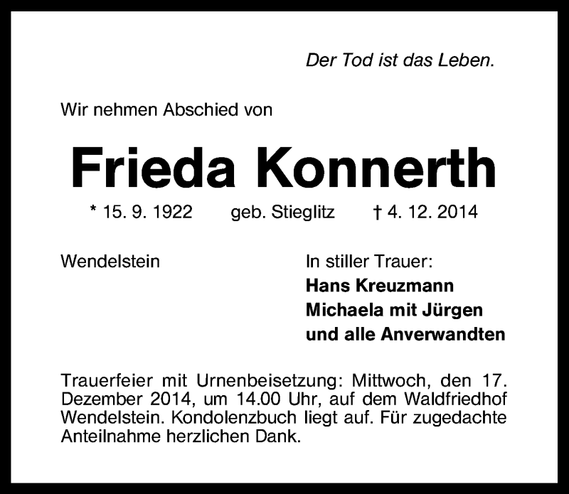  Traueranzeige für Frieda Konnerth vom 13.12.2014 aus Schwabach