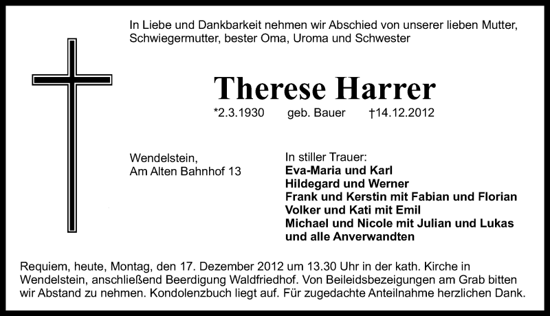  Traueranzeige für Therese Harrer vom 17.12.2012 aus Schwabach