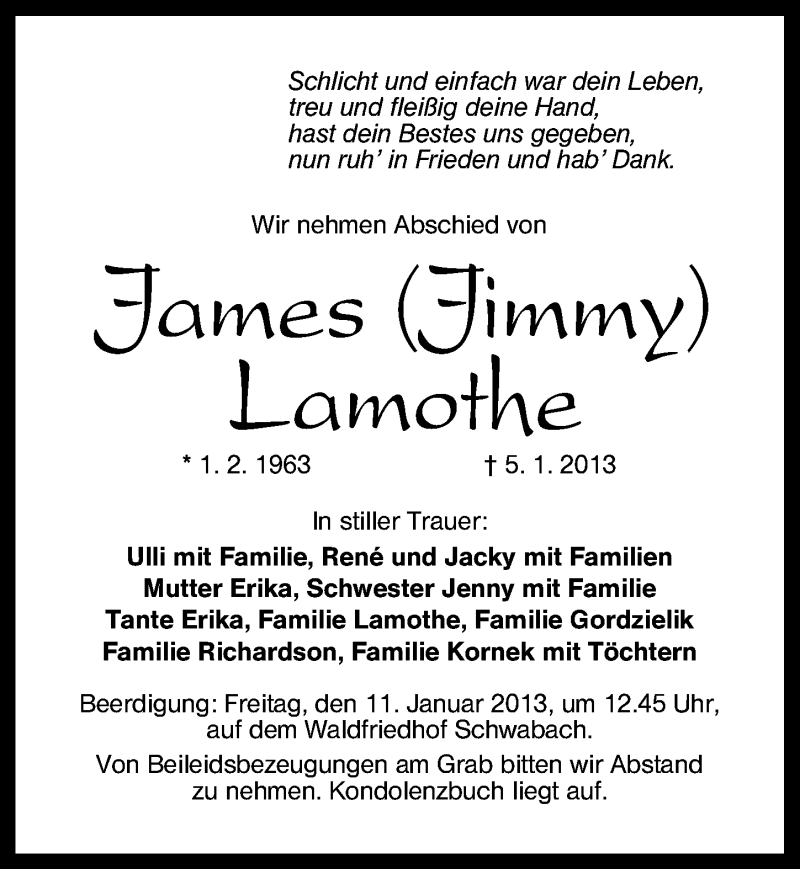  Traueranzeige für James Lamothe vom 09.01.2013 aus Schwabach