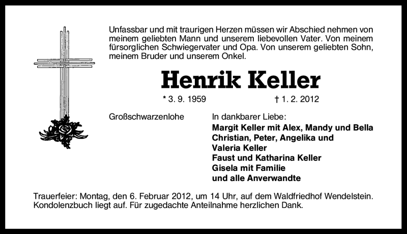  Traueranzeige für Henrik Keller vom 04.02.2012 aus Schwabach