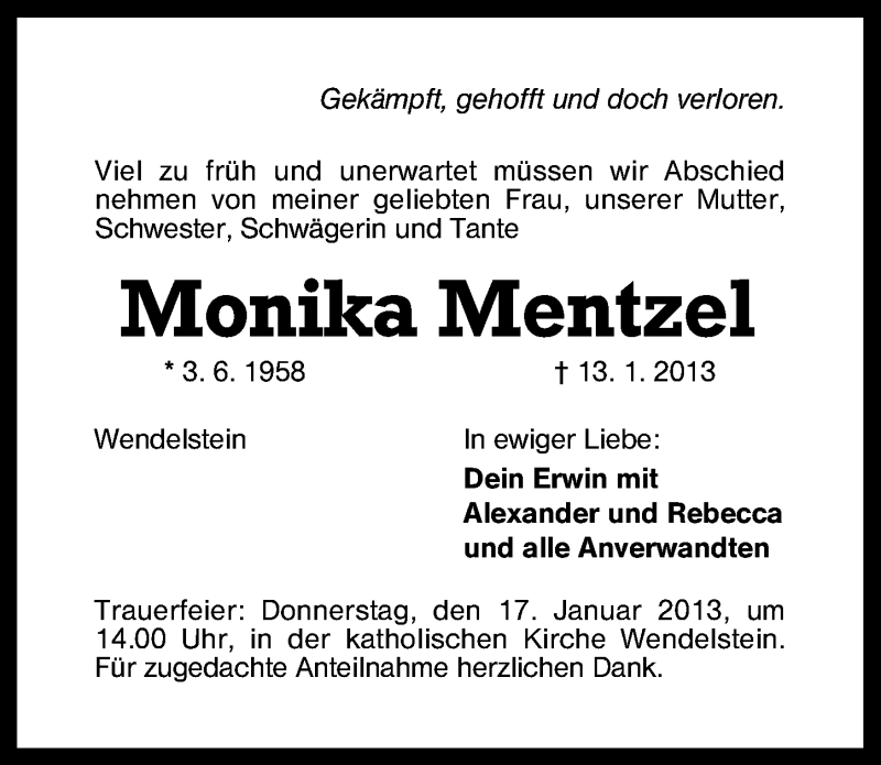  Traueranzeige für Monika Mentzel vom 15.01.2013 aus Schwabach